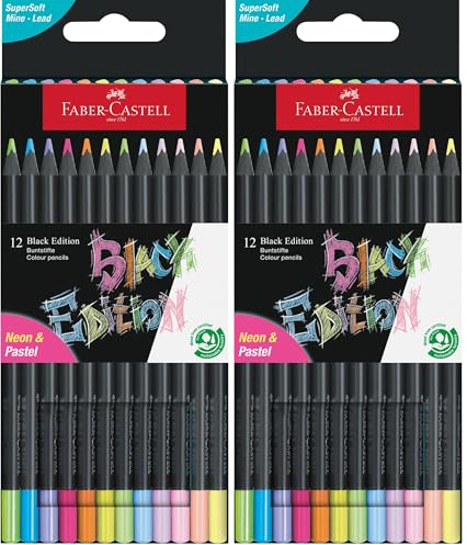 Faber-Castell 116410 - Buntstifte Black Edition, Neon + Pastell Farben, 12er Etui (Packung mit 2)