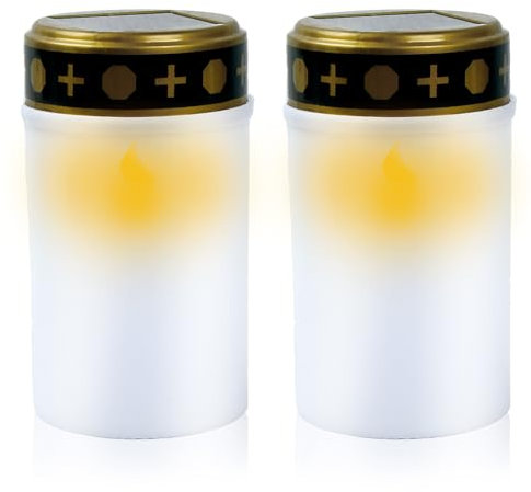 Litinliv 2pcs Lampada tombale a energia solare,Lampada sacrificale a LED con funzione solare,Solare Lampada da Tomba,Candele senza fiamma impermeabili,Candele Cimitero Solare per Esterni