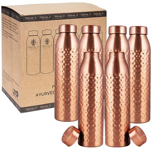 NORMAN JR Botella de Agua de Cobre 1L - Caja de Regalo de 6, Martillada, un recipiente ayurvédico hecho de cobre puro - le ayuda a beber más agua con muchos beneficios para la salud