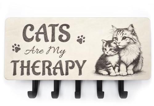 Keyring Holder Wall Mounted Engraved Key Chain Rack With CATS are my Therapy Decorative Sign Quote | Letter Slot Storage Wooden Plaque | Gift For Pet Lovers Car Van House Shed Garage Bike Door