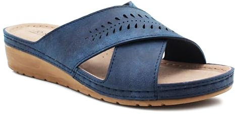 Womens Slip On Sandals Backless Low Wedge Open Toe Mules Summer Fashion Beach Slides Flip Flops (Navy, UK Footwear Size System, Adult, Women, Numeric, Medium, 5)