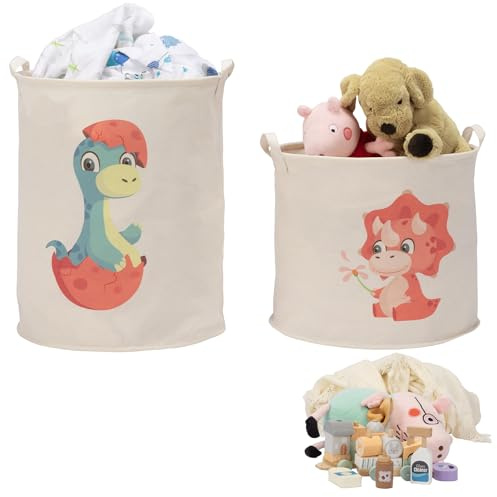 Navaris 2er Set Aufbewahrung für Kuscheltier Spielzeug - 2x Wäschekorb Aufbewahrungskorb für das Kinderzimmer - Aufbewahrungsbox Set für Kinder Baby - Dinosaurier Rot