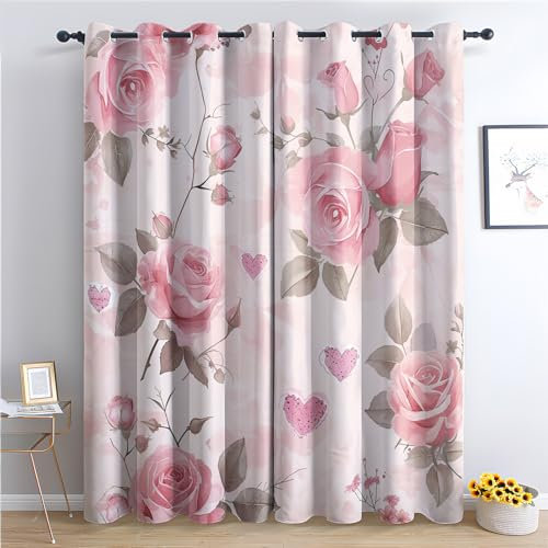 Floral Pink Rose Blackout Curtains 90x90 Thermal Insulated Eyelet Drapes for Bedroom and Living Room Decorative Botanical Patterned Window Coverings