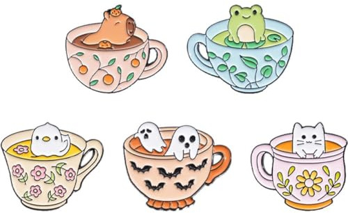 Muteitt Cartoon-Cup-Tier-brosche, 5 Stück, Niedliche Katze, Frosch, Wasserschwein, Geist, Broschen, Anstecknadeln, Abzeichen, Schmuck Für Rucksack, Kleidung, Hüte