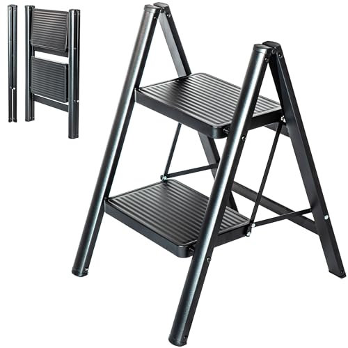 HOSTRÖM Escabeau 2 marches FOLDPACT2, Marche Pied Pliable, Design Ultra-Compact, Marches Larges 17,5 cm, Acier, Etagère temporaire, Garantie 5 Ans