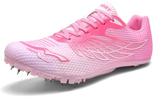 PENXZT Zapatos Atletismo para Hombre y Mujer Ligeros y Transpirables con Clavos Antideslizantes Zapatillas de Entrenamiento para Carreras de Larga Distancia,Rosado,36 EU