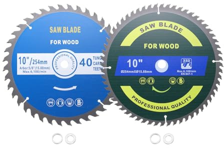 Kozelo 2pcs Circular Saw Blade Set - [10 Inch x 40/60 Teeth x 5/8 Inch Arbor] Tungsten Carbide Tipped Table Miter Saw Blades with 5/8 Inch to 1/2 Inch 3/8 Inch Washer Adapters