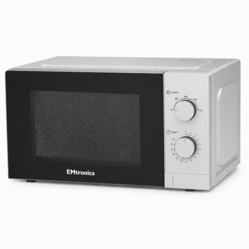 EMtronics 700W 20 Litre Microwave with Manual Control Dials - Silver | 5 Power Levels, Defrost Function, 35 Minute Timer, Easy Clean Compartment and Cavity Light