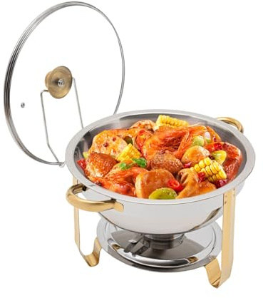 RjcdOPL Chauffe-Plats Rond 5L en Acier Inoxydable, Buffet Chauffant avec Porte-Combustible et Couvercle en Verre, Idéale pour Cafétéria, Hôtel, Traiteur (Doré)