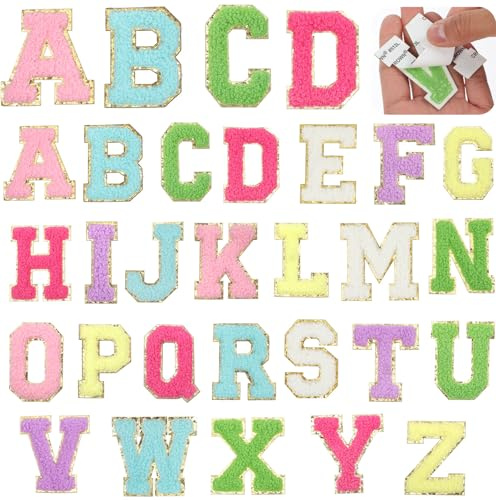 26 Stück Klebebuchstaben Selbstklebende Chenille-Buchstaben-Aufnäher Bunte zum Aufnähen Flicken Bügelbild Buchstaben Patches zum Aufbügeln Sticker für Stoff DIY Kleidung Schuhe Jeans Jacke