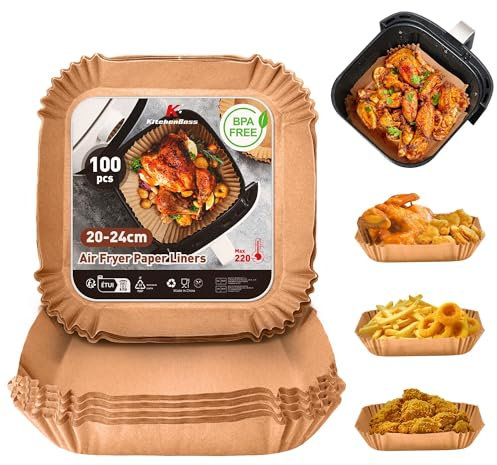 KitchenBoss 100 Pezzi Carta Forno Per Friggitrice Ad Aria: Contenitori Fogli Per Friggitrice Ad Aria Quadrata 20-24cm, Antiaderente Usa e Getta Carta Pergamena per Air Fryer Forno Padelle Microonde