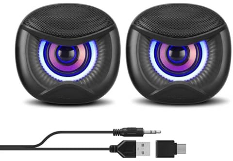 Elimavi USB Computer Speakers, 3.5mm Aux Speaker and USB Powered Interface are Suitable for Desktop Laptop Monitor, Owl Eye Design, Includes a USB-C Adapter, Blue Lights