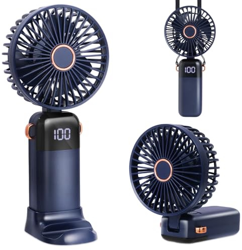 CNMTCCO Ventilador de mano,mini ventilador portátil silencioso,plegable recargable por USB,con 5 velocidades, pequeño ventilador de bolsillo,con base y correa para viajar,oficina y hogar