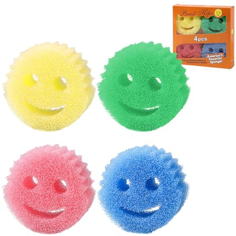 4 Pcs Sponge Scrubber Multipack, Temperature Controlled Kitchen Cleaning Products, Dish Sponges for Washing Up, Non-Scratch Smiley Face Washing Artifact for Dishes, Odor Resistant Scrubber