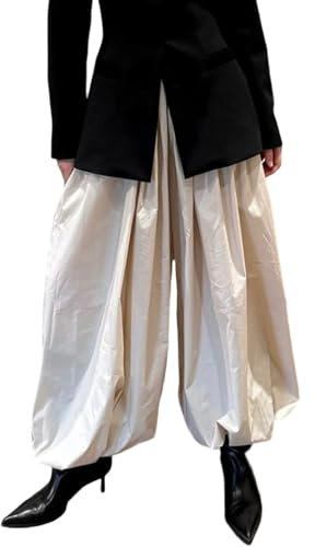 Women Balloon Pants Y2k High Waist Pleated Long Bloomers Pants Wide Leg Harem Lantern Trousers Going Out, Baggy Apricot, S