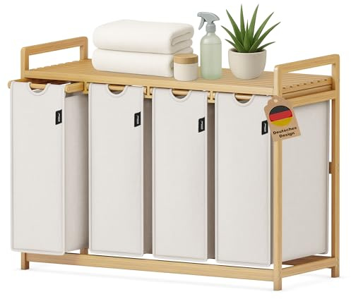 XMHome 198L Wäschekorb 4 fächer mit Einzelschicht-Regal – Robustes Bambusmaterial, Verdickte Struktur, Moderner Wäschesammler für Bad, Schlafzimmer & Waschküche Laundry Basket 102.8x41.3x77.5CM Grau