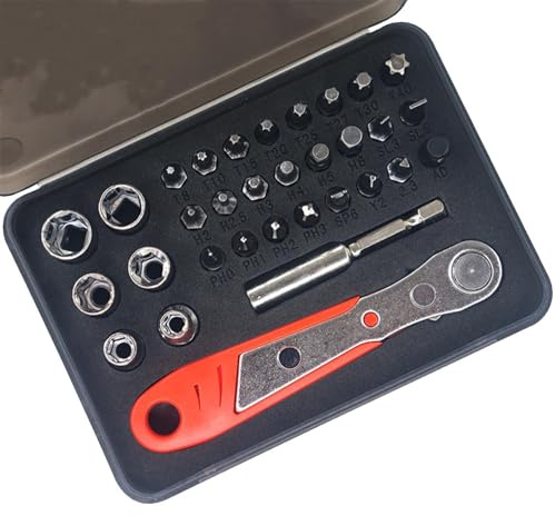 Mini Ratchet Screwdriver Set, 32-in-1 36-Tooth Ratcheting Screwdriver Set, Stubby Right Angle Screwdriver with Phillips, Torx, Hex & Slotted Bits