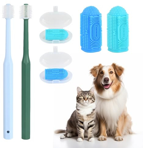 Confezione da 4 spazzolini da denti per cani e gatti, 360° per cani e gatti, spazzolino riutilizzabile in silicone per uso alimentare, adatto per animali di piccole dimensioni, medie e grandi