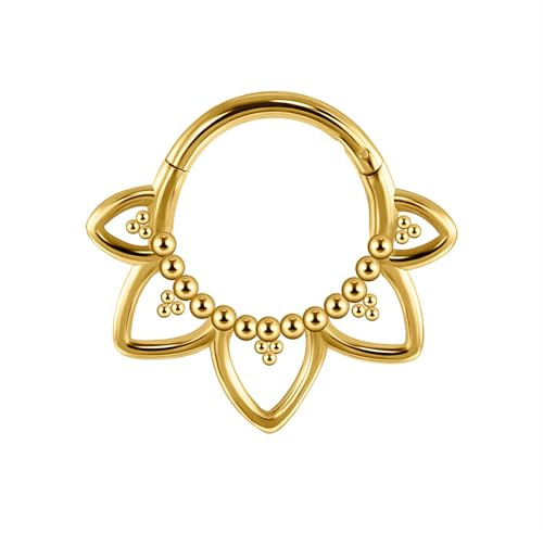 DIPZO Aro de Septum 16G, Joyas Lotus para Piercing Daith, Clicker de Acero Inoxidable 8mm, Pendientes Helix Tragus para Mujer Hombre, Dorado