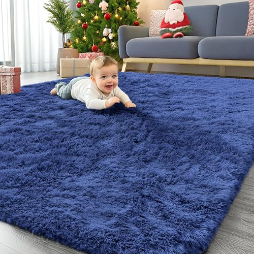 Homaxy Hochflor Waschbar Klein Teppich Wohnzimmer 60 x 100 cm, Marine Blau | Anti-Rutsch Unterseite Teppiche, Flauschig Teppich fürs Kinderzimmer, Schlafzimmer