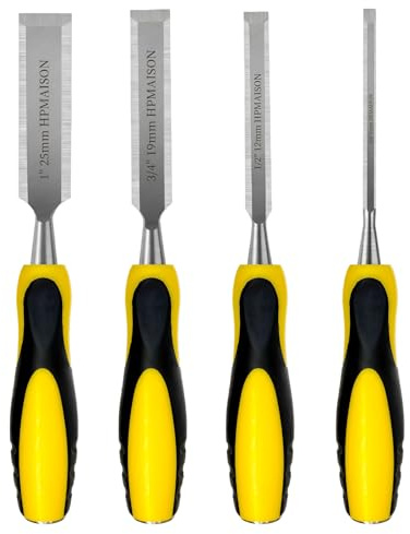 HPMAISON 4Pcs Wood Chisel Sets, Heavy Duty Woodworking Carving Hand Tools | 1/4, 1/2, 3/4, 1 (6mm, 12mm,19mm, 25mm) Wood Chisel with Soft Ergonomic Grip Rubber Handles and High Carbon Steel Blade