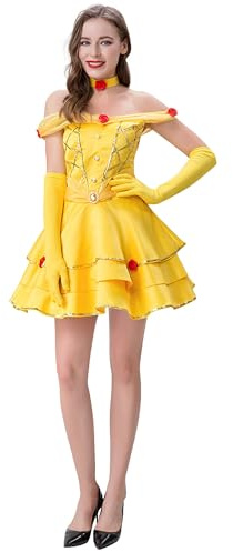 New front Vestidos de Bella Princess Adultos Disfraz Corto Tul la Bella y la Bestia Manga Corta Con Accesorios Elegancia Fiesta Cumpleaños Cosplay Festival Halloween,Amarillo,S