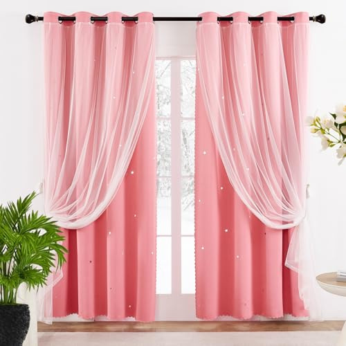 GAIFNAG Kurze Gardinen Kinderzimmer Ösenschal 140 x 160 cm Blickdichter Vorhang Thermo Kälteschutz & Wärmeisolierend Kindervorhänge Kinder-Verdunkelungsvorhänge für Wohnzimmer, Rosa