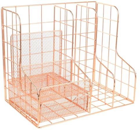 Cabilock Zeitschriftenhalter Aktenorganizer aus Metall Mesh Dokumentenhalter Büro Organizer für Schreibtisch Aufbewahrungskorb ohne Montage Rosa Gold