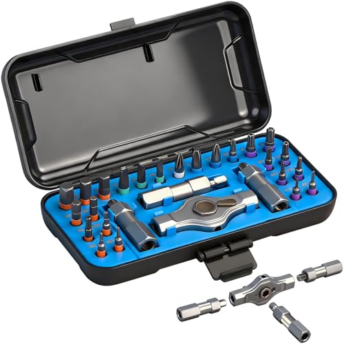 Koeutoze Set Cacciavite a Cricchetto 24 in 1 - Kit di Cacciaviti Magnetici di Precisione con 24 Punte S2, Manico in Alluminio Rimovibile, Utensili Compatti per Riparazioni di Bici, Blu