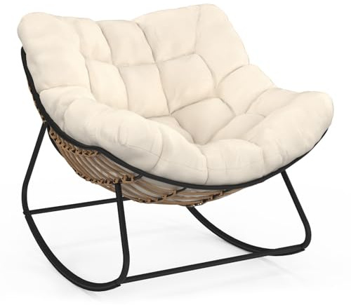 IDMarket - Sillón balancín de jardín LOA efecto ratán con cojín crudo