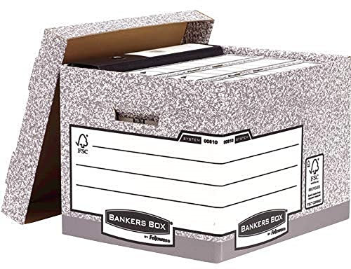 BANKERS BOX Archivbox mit Deckel, System Serie, extra stabil, für Ordner/Ringbücher/Archivschachteln/Hängemappen, aus 100% recycelter Wellpappe, Farbe: grau/weiß, 10 Stück