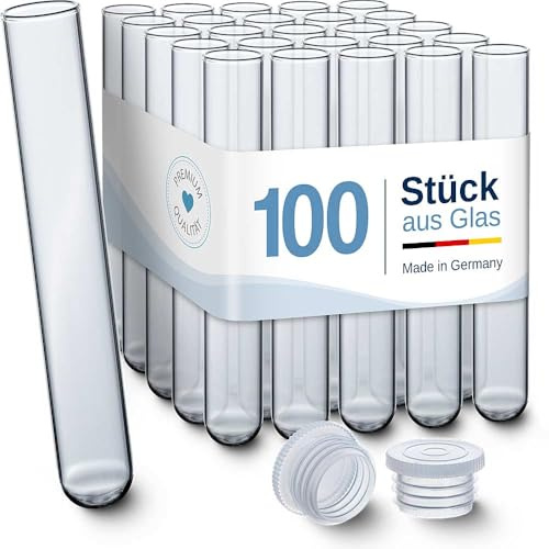Tuuters Reagenzgläser aus Glas mit Verschluss 100 Stück (140 x Ø16mm) | Reagenzglas mit Deckel, luftdicht, ca. 18ml, 14cm hoch, 1,6cm breit, für Salz, Gewürze, Deko, Samen, Kräuter, Tee aufbewahren