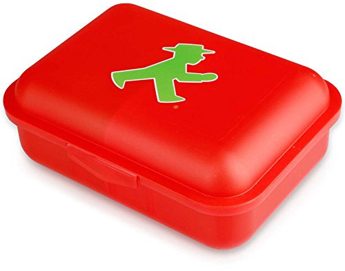 ostprodukte-versand Ampelmännchen Brotdose - Lunchbox mit Trennwand, Rot | Pausendose mit dem roten Geher-Motiv, Klick-Verschluss, 13x18x6,5 cm, inkl. DDR-Kochbuch und Ostalgie-Geschenkkarte