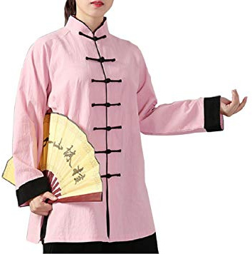 FUYUFU Coton et Lin Tenue de Tai Chi à Manches Longues Unisexe Vêtements D’Arts Martiaux Kung-fu Costume Ridé (Un Ensemble) (Veste Rose/Pantalon Noir, S)