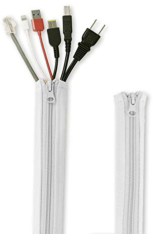 Cable Management Sleeve with Zip-up - 39 Inch Durable Adjustable Cord Sleeve Wire Cover Concealer Wrap Protect Cables from Pets Chewing for Computer/TV, Greyish White, 2 Pcs