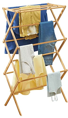 mDesign Wäscheständer aus Bambus – ausziehbarer Turmtrockner mit 3 Ebenen – platzsparender Standtrockner in modernem Design – naturfarben