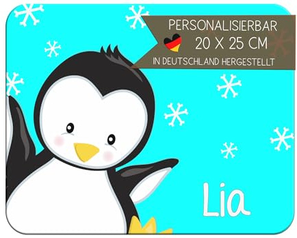 CreaDesign Personalisiertes Kinder Frühstücksbrett mit Namen, 20x25cm, rutschfestes Schneidebrett aus Kunststoff,Pinguin Türkis Design, spülmaschinen&mikrowellengeeignet, Schneidbrett für Kinder