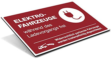 Parkverbotsschild E-Auto Ladestation, Alu-Verbund 300x200 mm, Signalrot | Elektro-Fahrzeuge während des Ladevorgangs frei – widerrechtlich parkende Fahrzeuge werden kostenpflichtig abgeschleppt