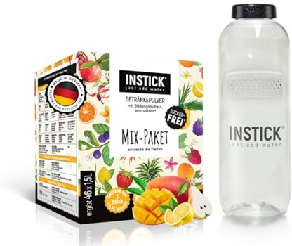 INSTICK Zuckerfreies Instant-Getränk (Mix-Paket + 1L Trinkflasche) 46 Sticks für 1,5-2,5 L - Veganes Getränkepulver Kalorienarm & Vitamin C - Instant-Pulver