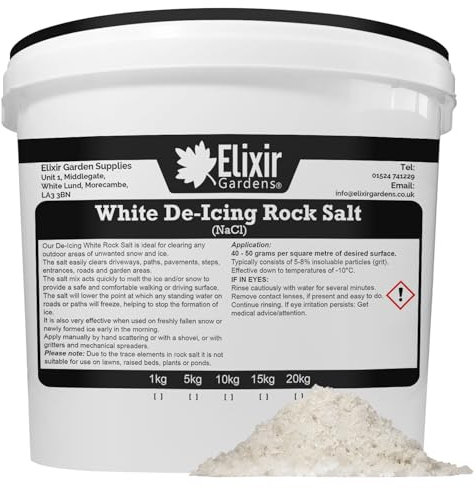 Elixir Gardens | De-Icing White Rock Salt for Gritting Snow/Ice on Roads, Paths, Pavements & Driveways | 5kg-20kg Available in Bag or Re-sealable Tub | 10kg Resealable Tub