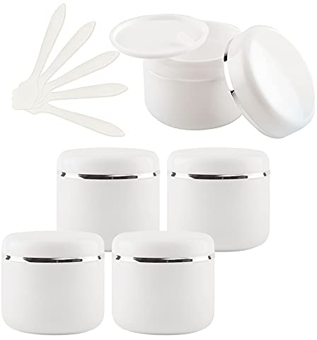 TIANZD 5 Stück Leere Kleine 30 ml Weiß Kunststoff Schraubdose Cremedose Dosen Gel Tiegel mit Silberband Deckel Kosmetik Behälter Salbe Kosmetikbehälter Leerdose mit 5 Stück Löffel
