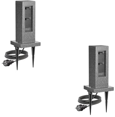 ledscom.de 2 Stück Garten Steckdosensäule Pock mit Erdspieß und 2m Kabel für außen, IP44, 2-Fach, anthrazit (Stein-Optik), eckig, 30cm