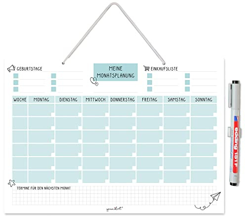 #detailverliebt Monatsplaner zum Aufhängen in DIN A3 I abwischbar blau undatiert mit Aufhängung, Stifthalter und Stift Wochen-Planer Tagesplaner Organizer dv_1027, Whiteboard