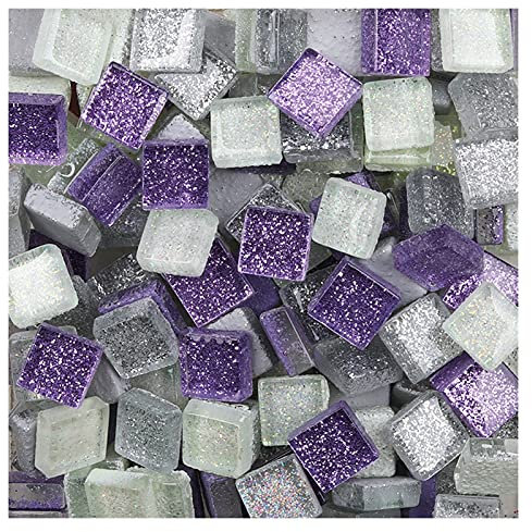 Mosaiktillverkning 600 g glitter glasmosaikplattor fyrkantig och oregelbunden form färgglad mosaiksten gör-det-själv mosaiktillverkning barn hantverk material (färg: Lila grå vit 2)