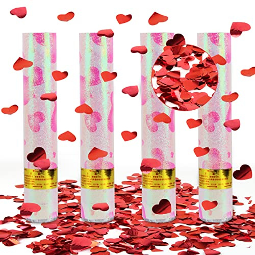 Hillylolly Metallic 4x Confetti Shooter - 28cm Poppers for Wedding, Birthday & Party (Red)