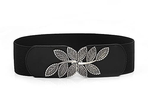 Liitata Cintura elastica da donna, in stile vintage, elasticizzata, in vita, alla moda, regolabile, con fibbia in lega, per abiti, maglioni, cappotti, foglie, Nero , Einheitsgröße, passend für die