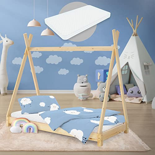 ML-Design Cama Infantil Tipi Natural 80x160 cm con Colchón de Espuma Fría y Somier de Listones, Cuna de Suelo Juvenil de Madera Maciza de Pino, Lecho para Niño y Bebé, Casa Tienda de Campaña Juego