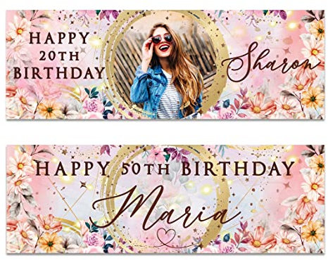 2 personalisierte Geburtstagsbanner rosa Party Dekoration Blume Frau Mädchen Kinder Feier Jahrestag 18. 20. 30. 40. 50. Geburtstag