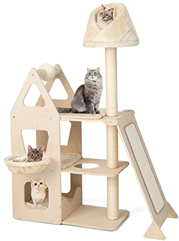 GOPLUS Arbre à Chat 155 CM en Bois Massif 3 Niveaux avec Poteaux en Sisal, Perchoir Confortable et Panier-Lit, Base Renforcée Antidérapante, 111 x 42 x 155 CM, Beige