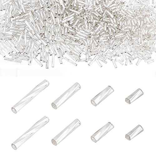 PandaHall 1600 Stück 4 Größen Glashornperlen, Silberne Lange Röhre Rocailles 5/6/9/12x2 mm Lose Abstandsperle Mit 0.5 mm Rundem Loch Für Ohrring Armband Neckalce Schmuck DIY Craft Making Dress Decor